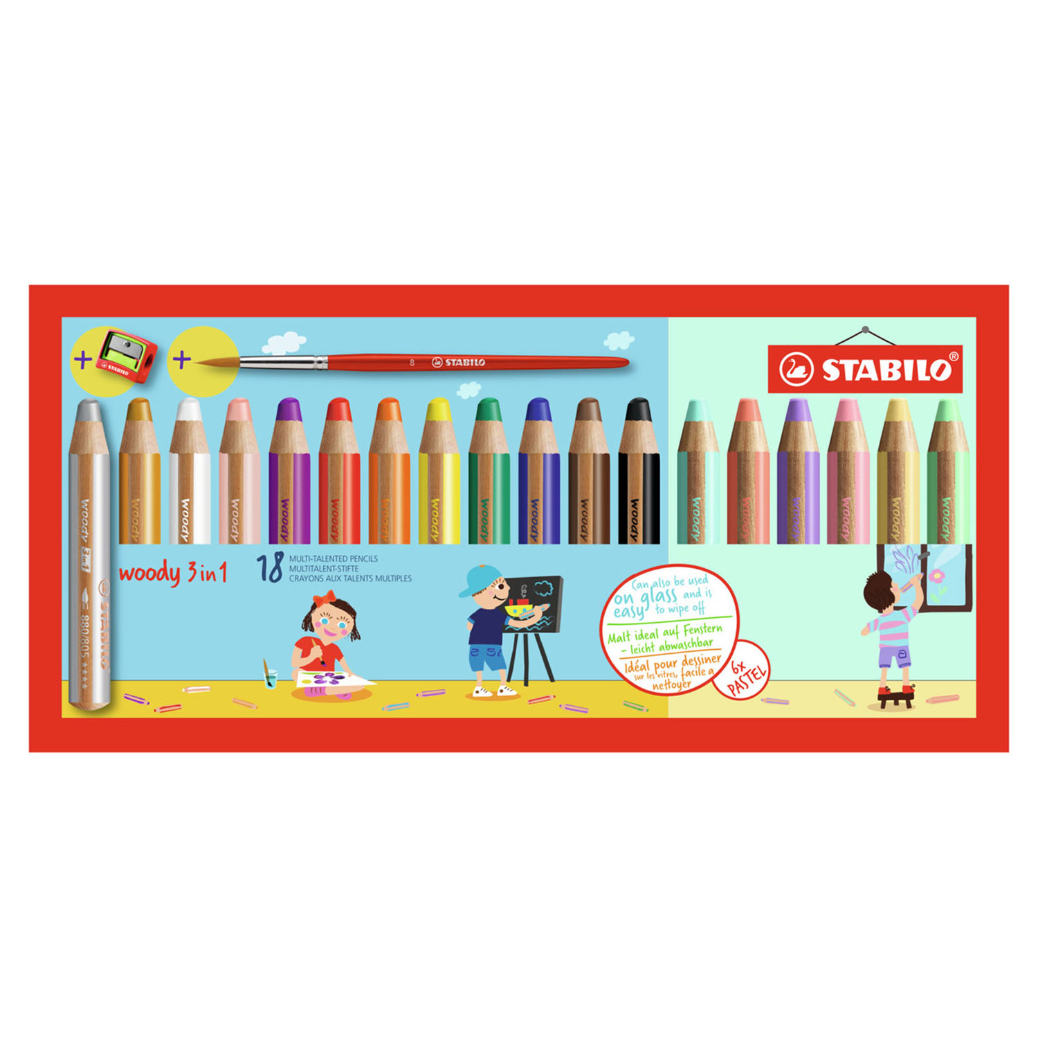 Colorful Pencil, Watercolor, Wax Crayon reSTABILO Woody 3 in 1 h18er Pack  with Sharpener and Brush, with 18 Different Colors - AliExpress