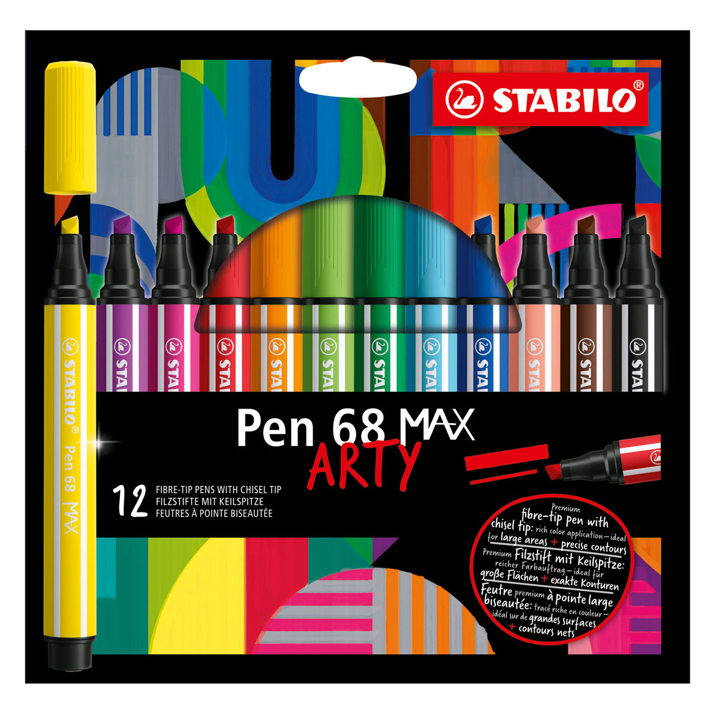 STABILO Pen 68 MAX ARTY - Felt-tip Pen With Thick Chisel Point Case, 12  Colors